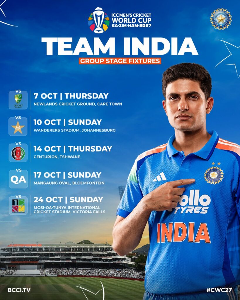 ICC Cricket World Cup 2027 का शेड्यूल जारी, भारत-ऑस्ट्रेलिया से होगा आगाज; 10 अक्टूबर को पाकिस्तान से मुकाबला